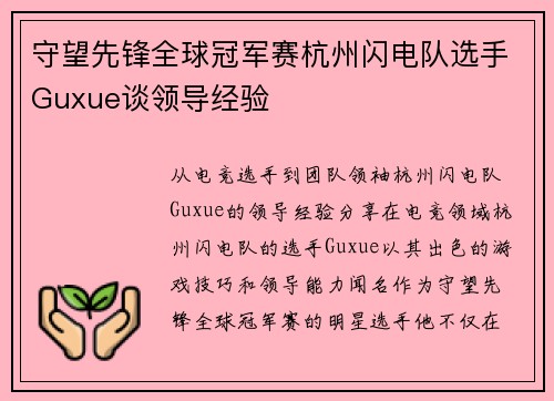 守望先锋全球冠军赛杭州闪电队选手Guxue谈领导经验