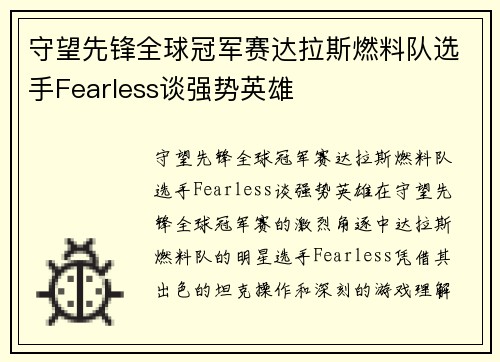 守望先锋全球冠军赛达拉斯燃料队选手Fearless谈强势英雄
