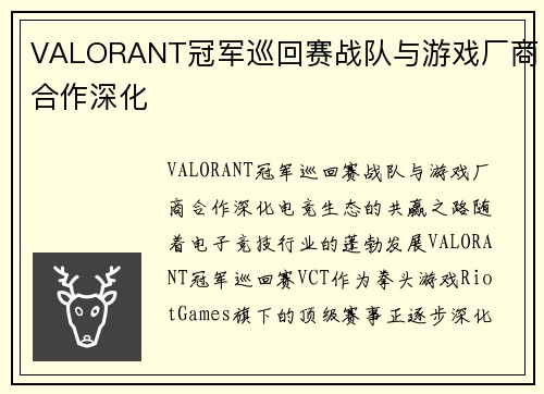 VALORANT冠军巡回赛战队与游戏厂商合作深化